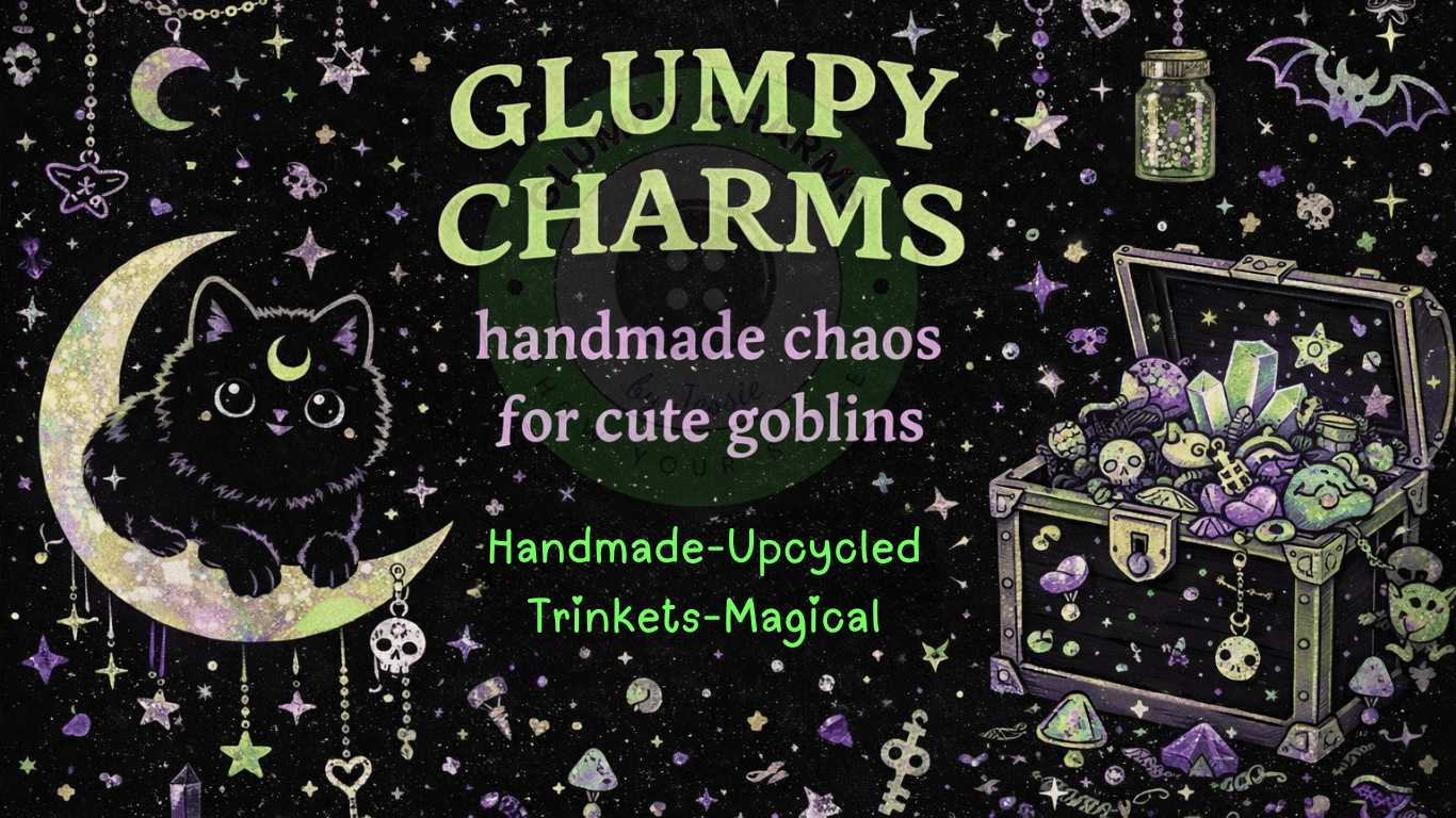 Promotional graphic for 'Glumpy Charms' with a black cat, moon, and treasure chest on a dark background.